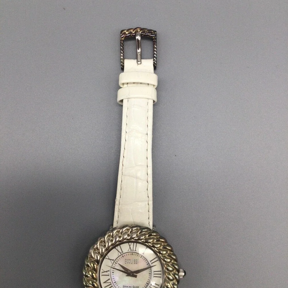 Ecclissi Womens Watch 37mm Sterling Silver MOP Dial Leather 23890 New Battery